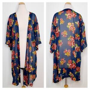 Matilda Jane Womens Kimono Size M/L Blue Floral Sheer Boho‎ Beach Swim Coverup